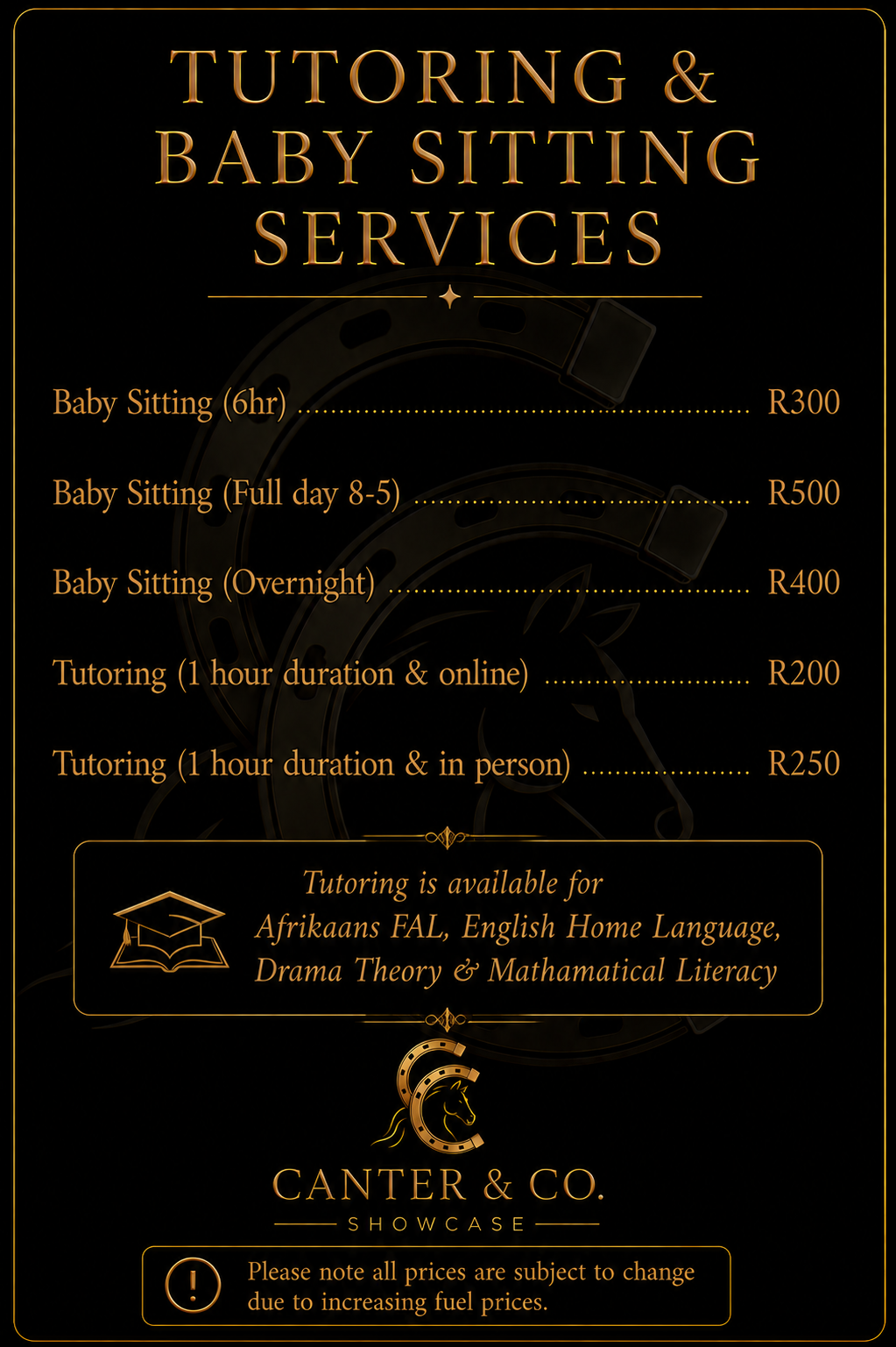 Canter and Co tutoring and babysitting services and prices